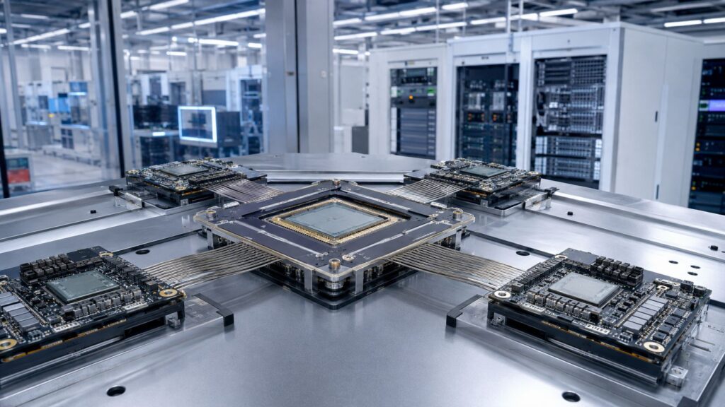 Puces IA modulaires reli&eacute;es par une interconnexion &agrave; haut d&eacute;bit.