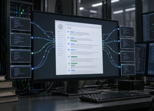 Plusieurs agents logiciels alimentent une page collaborative depuis une salle de serveurs.