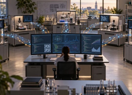 Une chercheuse supervise plusieurs expériences informatiques automatisées dans un laboratoire.
