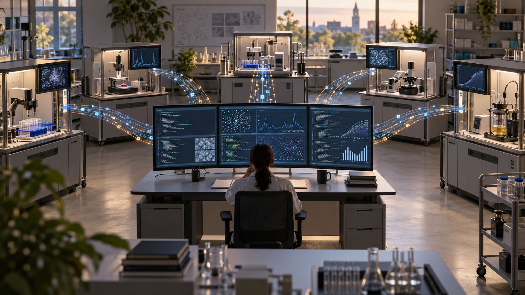 Une chercheuse supervise plusieurs exp&eacute;riences informatiques automatis&eacute;es dans un laboratoire.