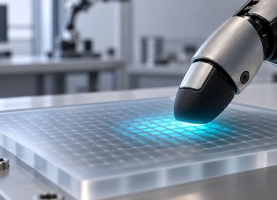 Illustration conceptuelle d’un doigt robotique touchant une surface de calcul tactile