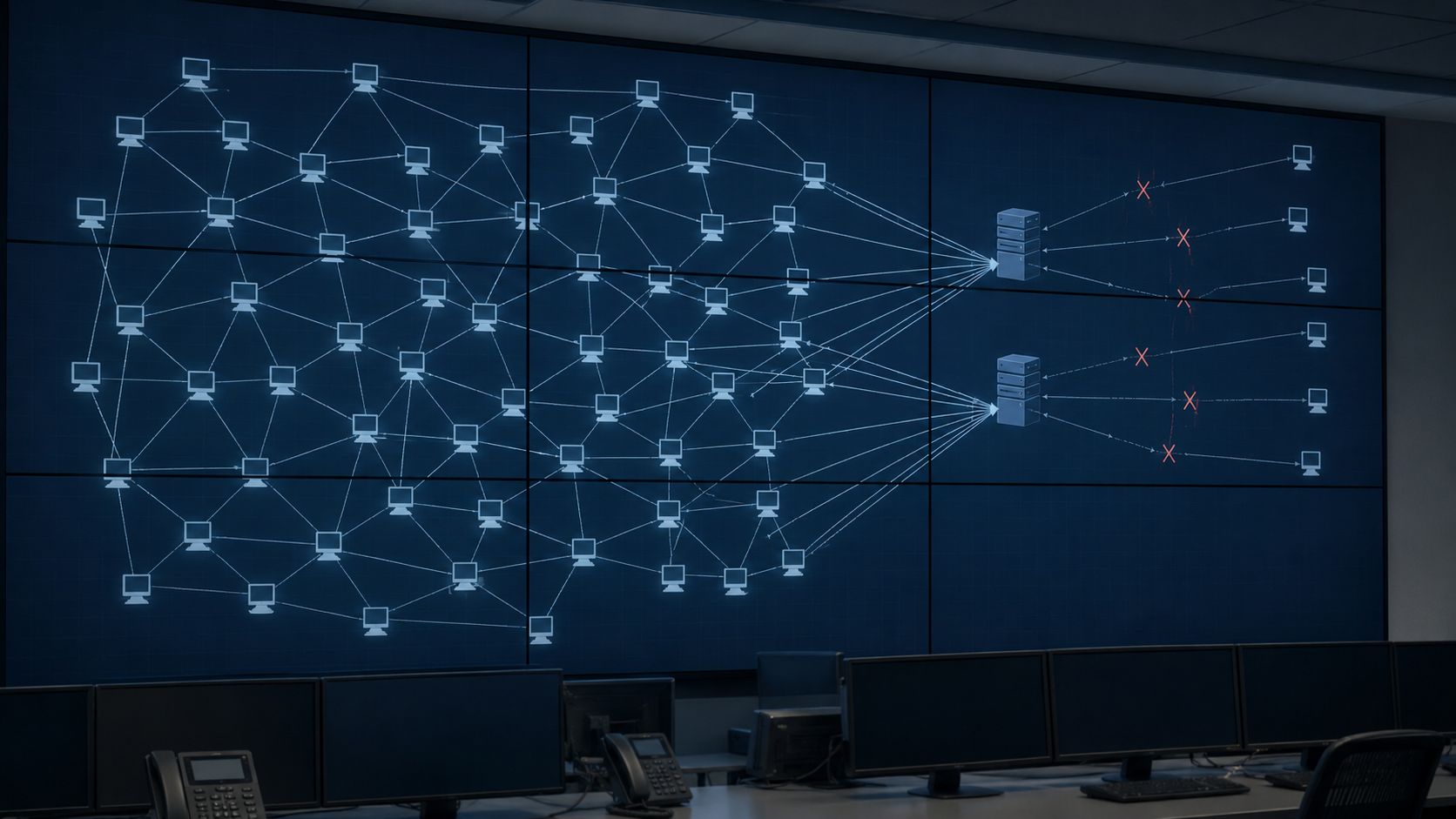 Schéma d'un botnet pair-à-pair détourné vers des serveurs de collecte.