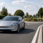 Voiture électrique générique testant une aide à la conduite près d’un rond-point français.