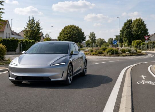 Voiture électrique générique testant une aide à la conduite près d’un rond-point français.