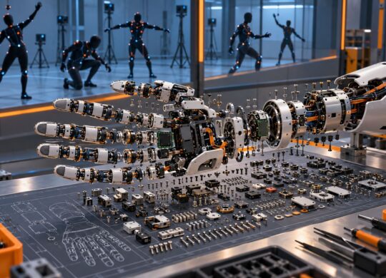 Illustration d’une main robotique composée de nombreuses pièces face à un studio de capture de mouvements
