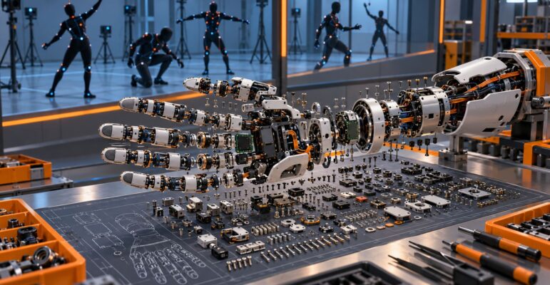 Illustration d’une main robotique composée de nombreuses pièces face à un studio de capture de mouvements