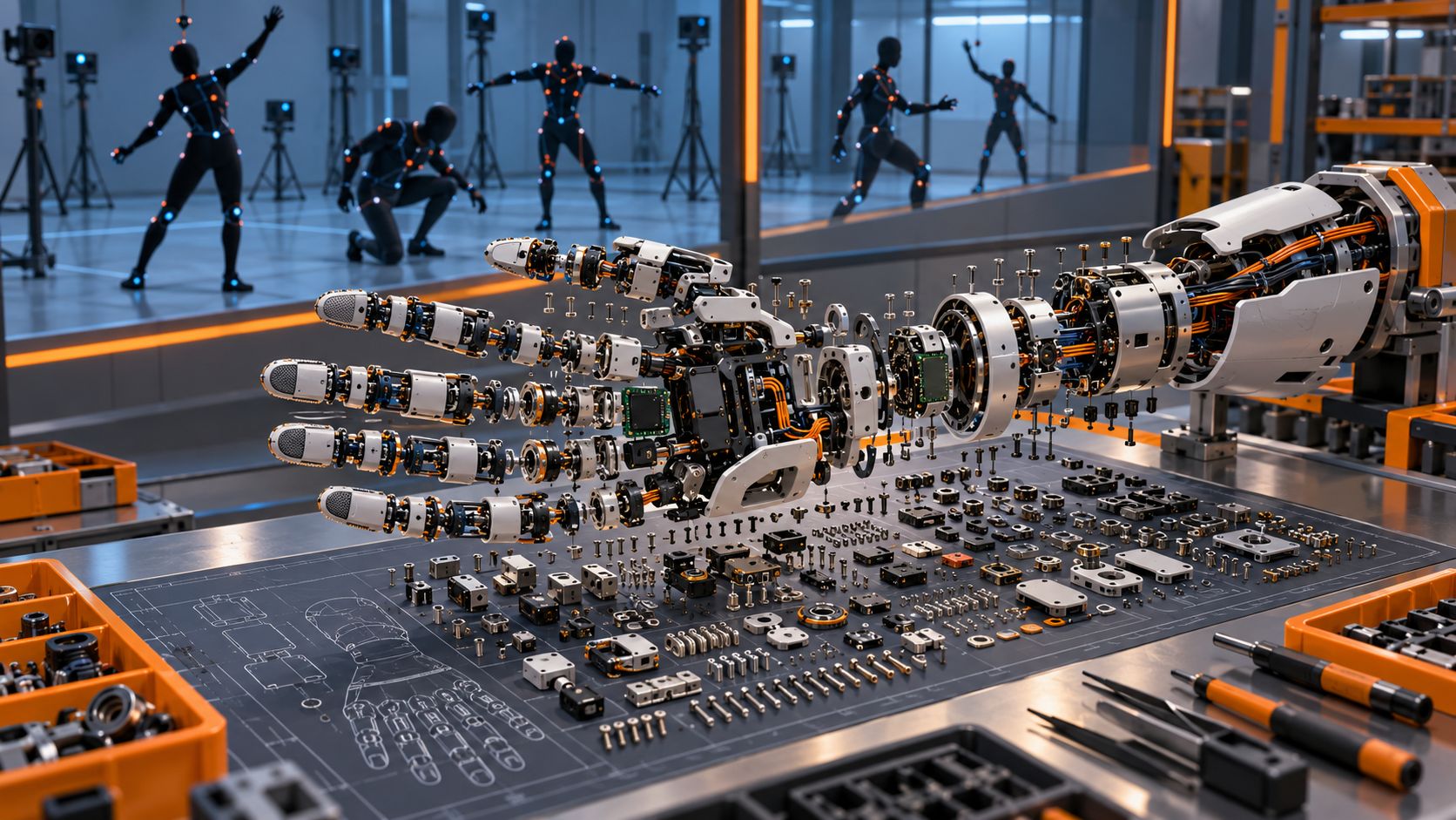 Illustration d'une main robotique compos&eacute;e de nombreuses pi&egrave;ces face &agrave; un studio de capture de mouvements