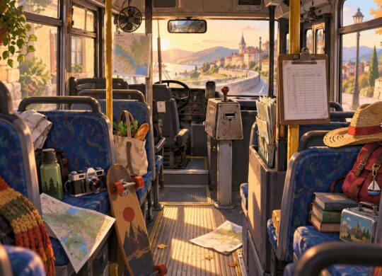 Intérieur coloré d’un bus ancien vide avec cartes et objets de passagers