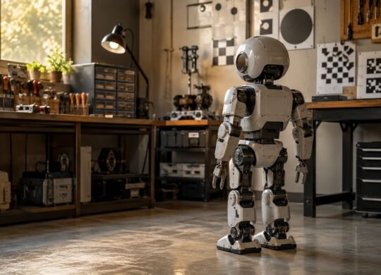 Robot humanoïde compact à pinces dans un atelier de développement