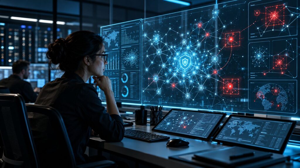 Analyste examinant des alertes de cybers&eacute;curit&eacute; assist&eacute;es par IA