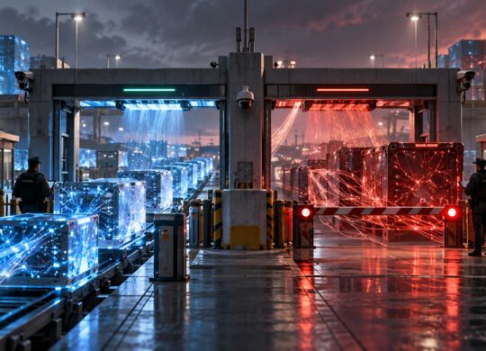 Contrôle frontalier symbolisant les exportations de technologies d’IA