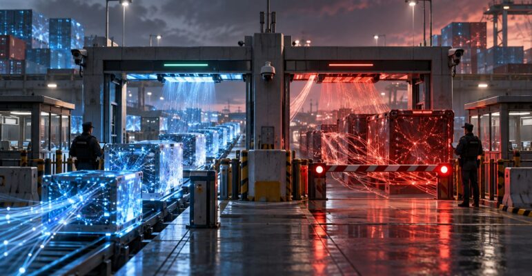 Contrôle frontalier symbolisant les exportations de technologies d’IA