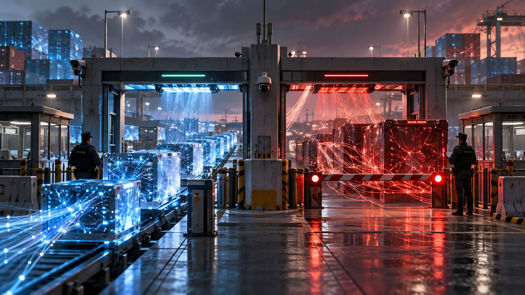 Contrôle frontalier symbolisant les exportations de technologies d'IA