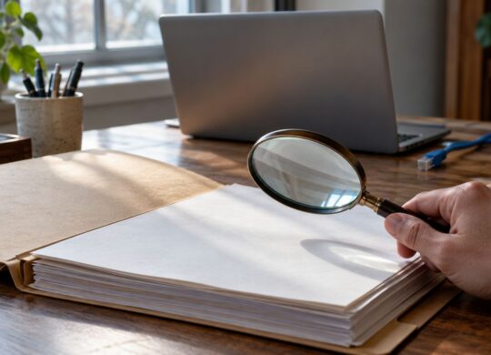 Illustration conceptuelle du contrôle humain des signalements numériques, avec un ordinateur et un dossier papier.