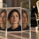 Portrait reflété dans plusieurs surfaces de verre devant un microphone, métaphore de l’identité numérique.