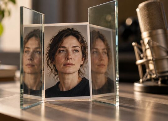 danemark-deepfakes-visage-voix-projet-loi-20261009 Portrait reflété dans plusieurs surfaces de verre devant un microphone, métaphore de l’identité numérique.