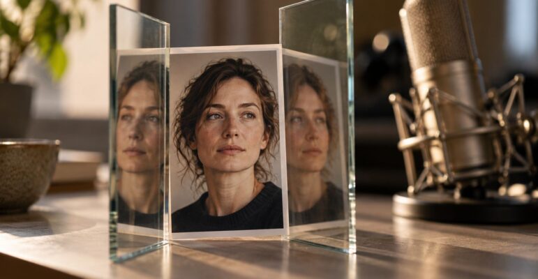 Portrait reflété dans plusieurs surfaces de verre devant un microphone, métaphore de l’identité numérique.