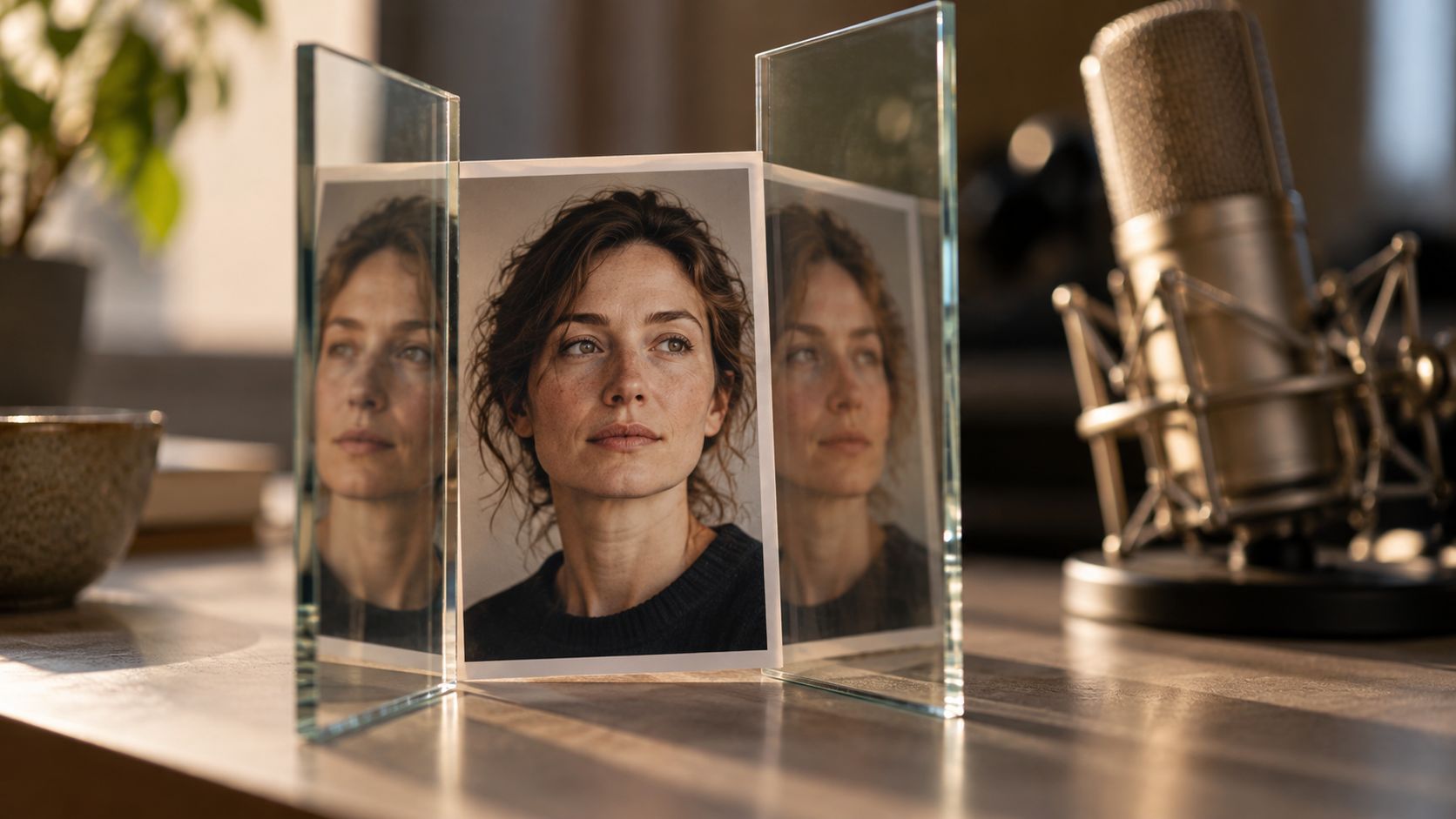 Portrait reflété dans plusieurs surfaces de verre devant un microphone, métaphore de l'identité numérique.