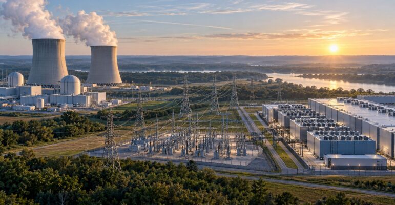 Une centrale nucléaire, un poste électrique et un centre de données reliés au même réseau