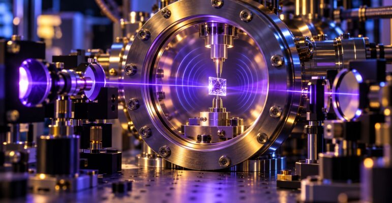 Cristal au thorium au centre d’un dispositif d’horloge nucléaire