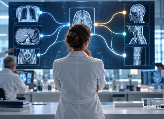 Médecin devant un schéma de diagnostic assisté par intelligence artificielle