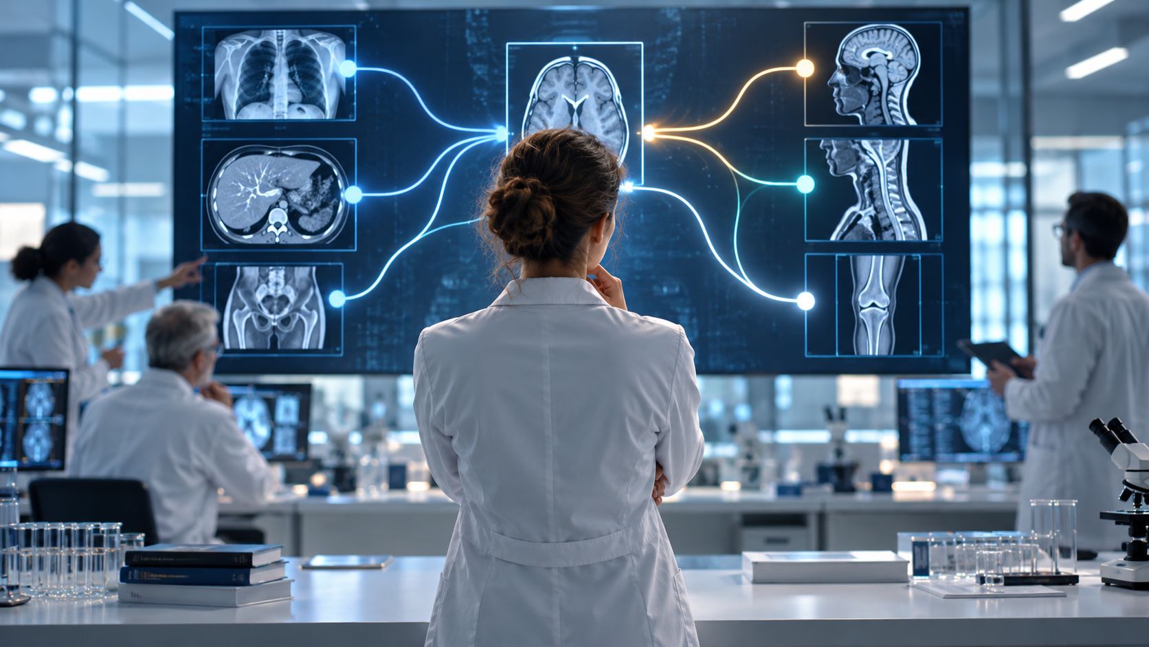 M&eacute;decin devant un sch&eacute;ma de diagnostic assist&eacute; par intelligence artificielle