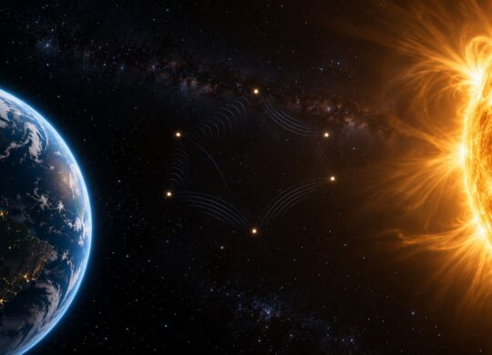 Illustration conceptuelle de six points en formation entre la Terre et le Soleil