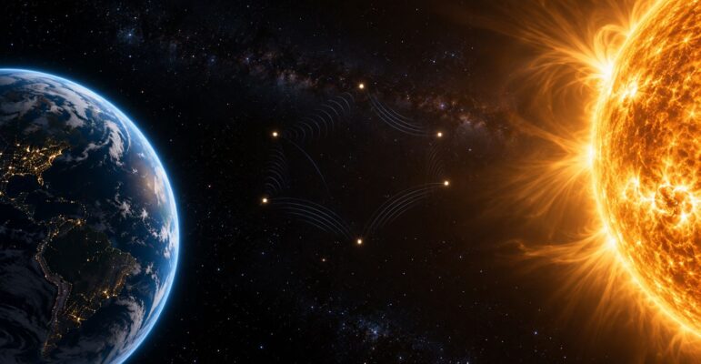 Illustration conceptuelle de six points en formation entre la Terre et le Soleil