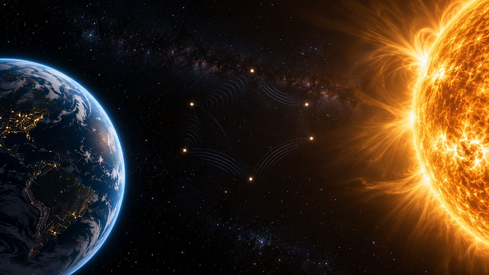 Illustration conceptuelle de six points en formation entre la Terre et le Soleil