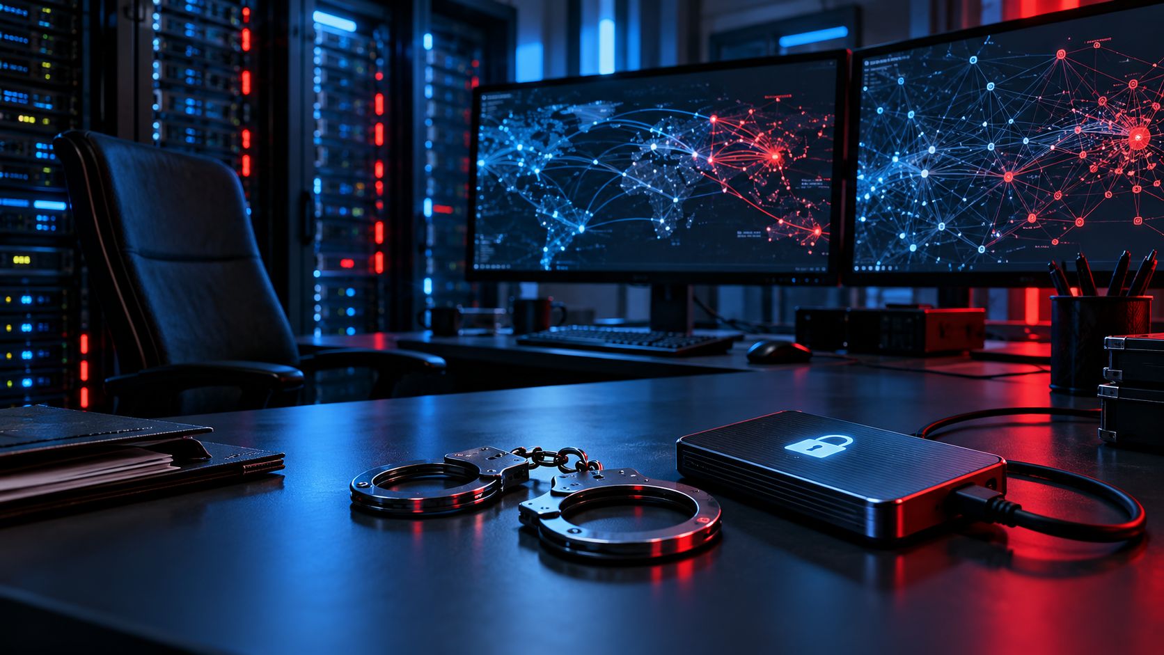 Menottes et support chiffré dans un laboratoire d'analyse cyber