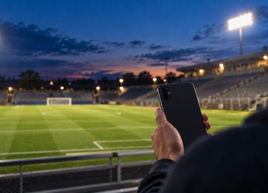 Illustration contextuelle du streaming sportif, avec un téléphone vu de dos au bord d’un terrain de football éclairé.